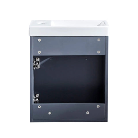 Front view of 16 Inch Bathroom Vanity With Sink, White Ceramic Vessel, Wall Mounted Storage Cabinet, Modern Gray MDF Vanity For Small Bathrooms