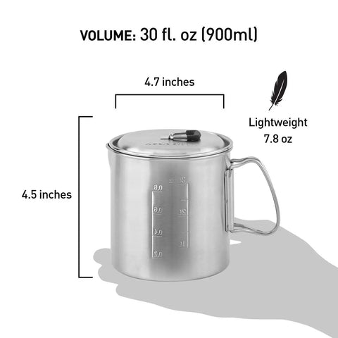 900 Series Backpacking Pot Lightweight Stainless Steel Camping Pot With Pour Spout, Volume Markings, Foldable Handles And Tight Lid