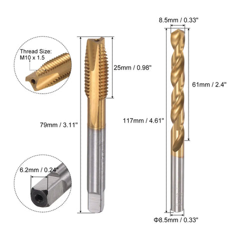 M10 By 1.5 Spiral Point Thread Tap And 8.5mm Twist Drill Bit Set For Metalworking high speed steel titanium plated