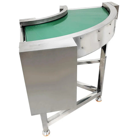 Heavy Duty Pvc Curved Conveyor Belt Makes 90 Degree Turns Without Any Sweat Electric Motor Adjustable Speed 19.6 Inch Wide Belt 400 Watt 110 Volt Stainless Steel Frame And Smooth Rollers Built Tough For Daily Grind Operations.