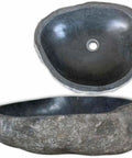 HKPWRBFG River Stone Wash Basin, Oval Bathroom Sink, Grey Countertop Bowl, top view showing polished interior and natural stone edge.