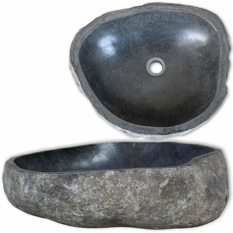 HKPWRBFG River Stone Wash Basin, Oval Bathroom Sink, Grey Countertop Bowl, top view showing polished interior and natural stone edge.