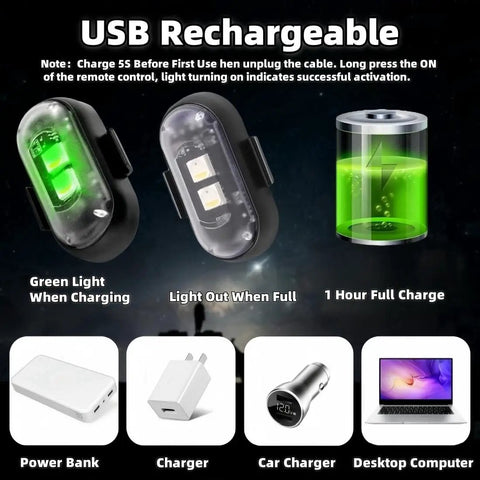 USB rechargeable Six Pack Wireless LED Strobe Lights, green charging indicator, and full charge examples for various devices.