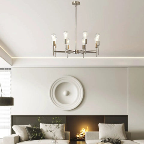 Lit Modern Sputnik Chandelier Light Fixture 6 Light Brushed Brass Pendant Ceiling Light in living room setting