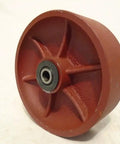 Heavy Duty 6 Inch Swivel Caster With Top Lock Brake Kingpinless Ductile Steel Wheel And Precision Bearing For Shop Cart and Hand Truck, close-up of red wheel.