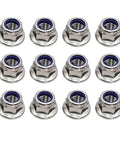 Top Shelf M10 X 1.5 DIN6926 Flange Nylon Lock Nuts Forged From Premium 304 Stainless Steel, pack of 12 with blue nylon insert.