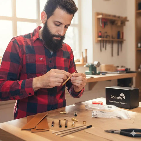 Man assembling Rock Solid 10 Pack Pen Kits For Woodturning Featuring Premium Gold And Silver Sliders Plus Faux Leather Caps.
