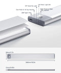 Diagram of Two Pack Under Cabinet Lights with dimensions, modes, and USB-C port, featuring 2000mAh rechargeable battery and magnetic design.