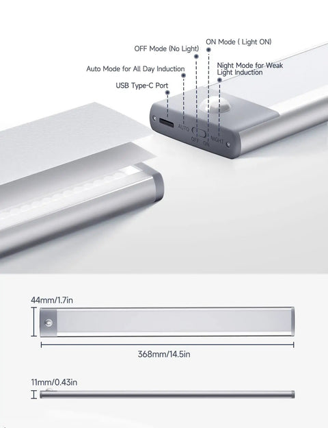 Diagram of Two Pack Under Cabinet Lights with dimensions, modes, and USB-C port, featuring 2000mAh rechargeable battery and magnetic design.