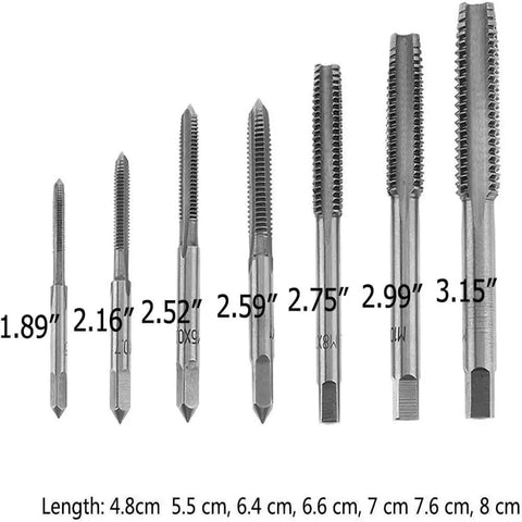7 Piece M3 To M12 Thread Tap Set For Metalworking Spiral Point Taps Pro Grade With Downward Chip Removal For Through Hole Tapping HSS 6542 Nitriding Coated Coarse Thread M3 M4 M5 M6 M8 M10 M12 By Fongmore, showing various tap sizes.