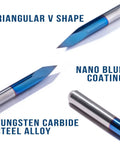 Triangular V-shape tungsten carbide CNC router bit with nano blue coating from One Eighth Inch Shank CNC Router Bits Kit For All Purpose Engraving And Milling With Triangular Engraving Bits Spiral End Mills Two Flute Flat Nose And Ball Nose End Mills For Wood Plastic PVC Engraving.