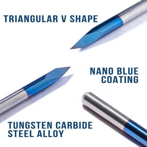 Triangular V-shape tungsten carbide CNC router bit with nano blue coating from One Eighth Inch Shank CNC Router Bits Kit For All Purpose Engraving And Milling With Triangular Engraving Bits Spiral End Mills Two Flute Flat Nose And Ball Nose End Mills For Wood Plastic PVC Engraving.