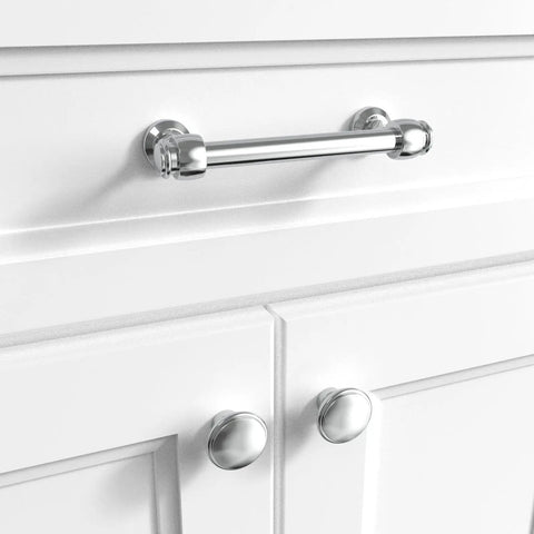 Polished chrome Milano Door And Drawer Pulls 4 Inch Center To Center 10 pack on white cabinet in modern kitchen.