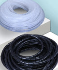 Black and clear spiral cable wraps for cable management, showing two colors, ideal for home office, workshop, and car setups.