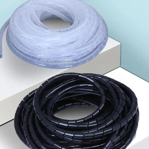 Black and clear spiral cable wraps for cable management, showing two colors, ideal for home office, workshop, and car setups.