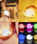 Cute Whale Night Light For Kids With 7 Color Changing LEDs, Tap Control Silicone Baby Night Lamp in various colors and settings.