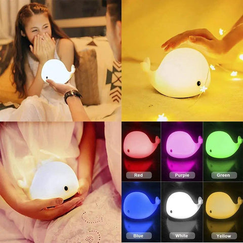 Cute Whale Night Light For Kids With 7 Color Changing LEDs, Tap Control Silicone Baby Night Lamp in various colors and settings.