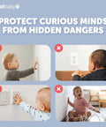 Collage showing babies near electrical sockets, highlighting Clear Outlet Covers 32 Pack For Baby Proofing, No Fuss Adult Removal.