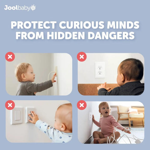 Collage showing babies near electrical sockets, highlighting Clear Outlet Covers 32 Pack For Baby Proofing, No Fuss Adult Removal.