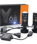Two Pack LED Headlight Bulbs Compatible With H4 9003 HB2 With Mini Projector Lens displayed with packaging and connectors