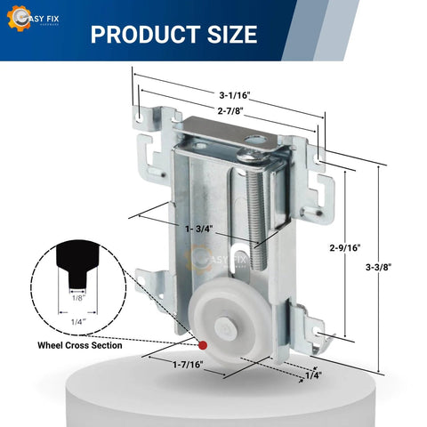 Premium 1-7/16 Inch Nylon Flat Edge Closet Door Roller Assembly for Steel Framed Mirror Doors with measurements diagram