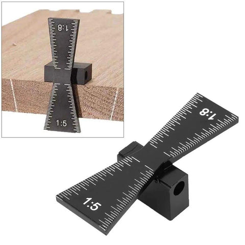 Heavy Duty Aluminum Alloy Dovetail Marking Gauge And Woodworking Scriber Ruler on wood, showing 1:5 and 1:8 scales.