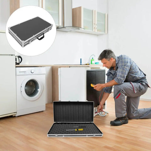 Open Rugged Aluminum Case With Foam Inserts Portable Hard Case Organizer showing foam inserts, used by technician in kitchen