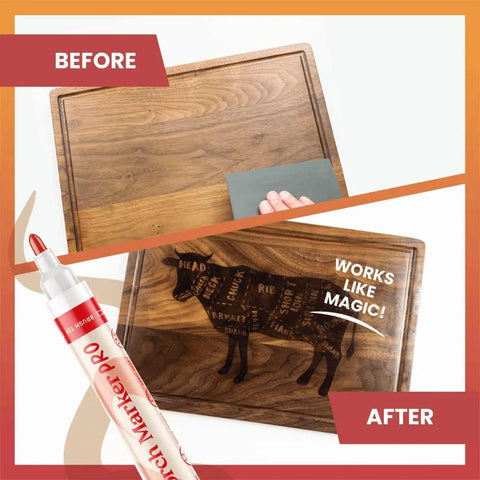 Comparison of a wooden cutting board before and after using Wood Burning Marker Kit For Adults, No Soldering Needed, 2 In 1 Pyrography Tool.