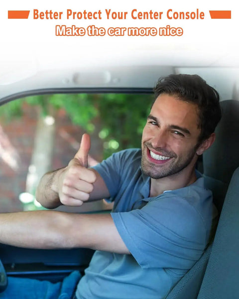 Man smiling in car promoting Ram 1500 Center Console Cover 2019 To 2026 Anti Scratch PU Leather Armrest Pad Cushion For 2500 And 3500 Models