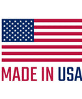 Front view of a Made in USA badge with an American flag and bold red and blue lettering