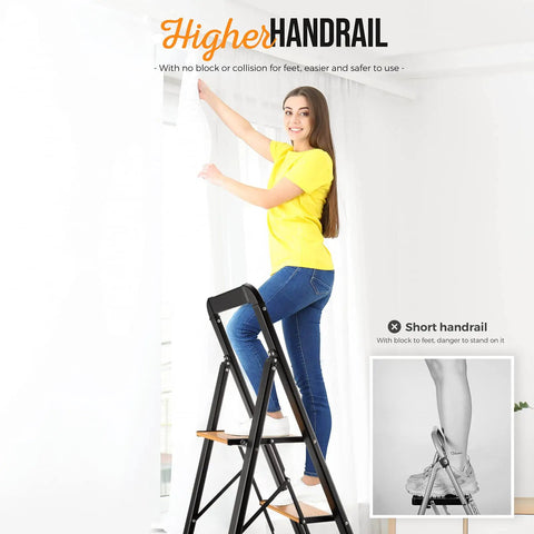 Woman using Two Step Folding Aluminum Stool With Wood Grain Finish Anti Slip Design Portable Collapsible Ladder For Home Or Garage Use Long Handgrip Durable For Adults Supports Up To 330 Lb Lightweight And Easy To Store indoors.