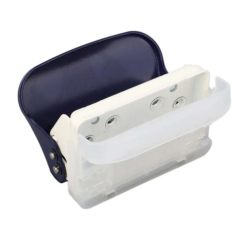 Top view of a 6 Hole Punch For Loose Leaf Paper A4 A5 B5 Size Handheld Metal Circle Puncher With Five Sheet Capacity in navy blue and white