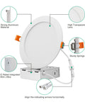 12 Pack 6 Inch LED Recessed Lights With Junction Box Easy Install 5CCT Dimmable Ultra Thin Canless LEDs 2700K To 5000K 14W 1050LM CRI80 Energy Efficient Recessed Fixtures For Home Or Office showing aluminum material, lens, springs, and junction box.