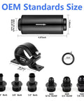 Plug And Play 10 Micron Inline Fuel Filter Kit With 6AN 8AN 10AN Adapters, bracket dimensions, barb sizes, and ring detail