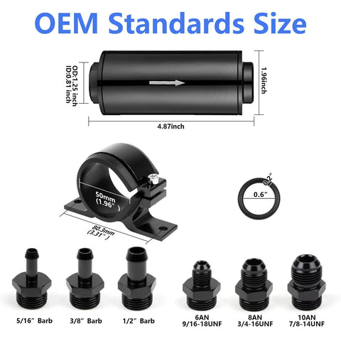 Plug And Play 10 Micron Inline Fuel Filter Kit With 6AN 8AN 10AN Adapters, bracket dimensions, barb sizes, and ring detail
