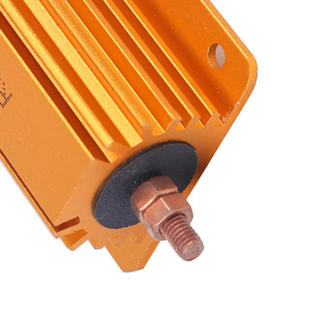 Heavy Duty 200W 8 Ohm High Power Resistor With Rugged Aluminum Housing And Mounting Holes, Industrial Grade Electrical Component For Power Supplies And Audio Equipment, Durable And Reliable close-up of orange aluminum housing with threaded terminal