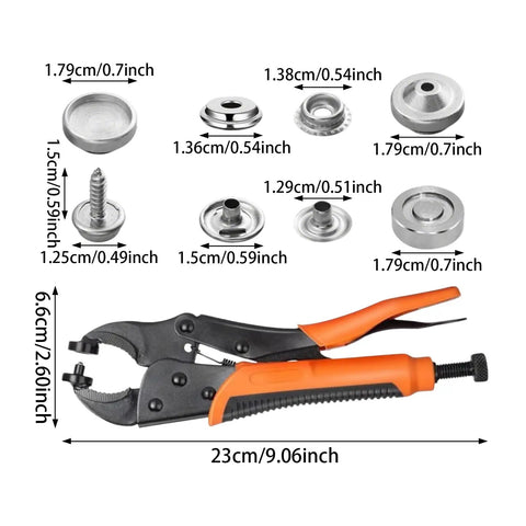 Heavy Duty Snap Fastener Pliers Set With 100 Pieces Of Metal Button Kit In Four Colors For Quick Reliable Sewing And Repair Projects For DIYers And Hobbyists Built From Stainless Steel And Brass For Lasting Durability, 23cm pliers