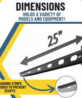 Heavy Duty Wall Mount Kayak Rack for Garage and Outdoor Storage dimensions showing 25-inch steel shelf with padding strips, Made in USA.