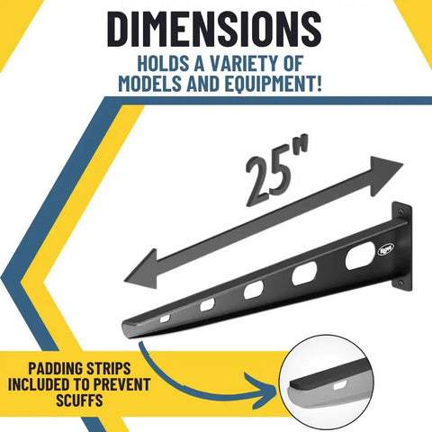 Heavy Duty Wall Mount Kayak Rack for Garage and Outdoor Storage dimensions showing 25-inch steel shelf with padding strips, Made in USA.