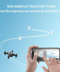 Hand using phone to control Dope Mini 4K Drone With Foldable Design, Six Axis Stabilization, FPV Ready, shown in trajectory flying mode