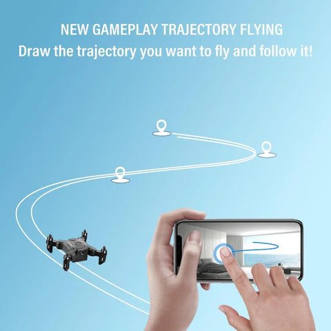 Hand using phone to control Dope Mini 4K Drone With Foldable Design, Six Axis Stabilization, FPV Ready, shown in trajectory flying mode