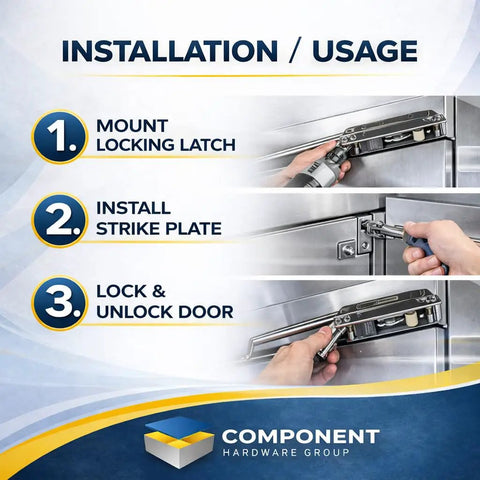 R35-1105 Latch With Strike Mechanical Straight Handle, Heavy Duty Door Latch System With Interchangeable Mounting Holes, mounted on stainless steel door