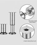 Stainless Steel Adjustable Furniture Leg, 4.7 Inch Height, 2 By 2 Inch Base, Level Sofas Cabinets And Beds On Uneven Floors, Wobble Free With Precision Threaded Mechanism, Heavy Duty Load Bearing, 1 Pack showing threaded adjustment and mounting plate