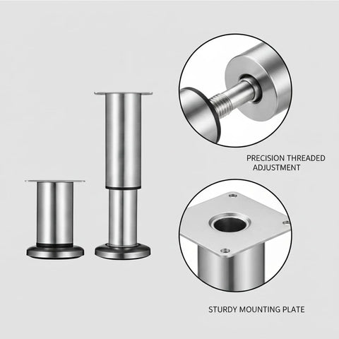 Stainless Steel Adjustable Furniture Leg, 4.7 Inch Height, 2 By 2 Inch Base, Level Sofas Cabinets And Beds On Uneven Floors, Wobble Free With Precision Threaded Mechanism, Heavy Duty Load Bearing, 1 Pack showing threaded adjustment and mounting plate