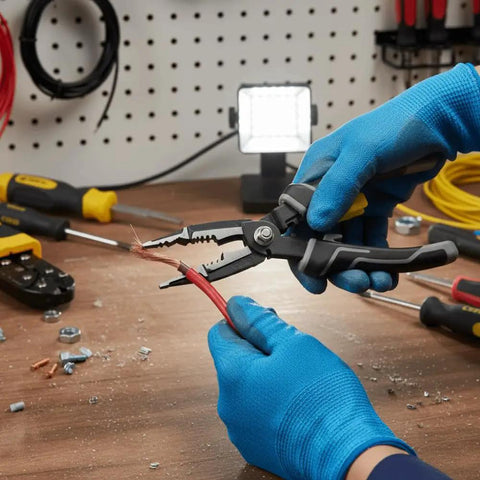 Hands using 9 In 1 Electrician Pliers Set With Sturdy Carbon Steel For Wire Stripping Cutting Crimping And More on red wire