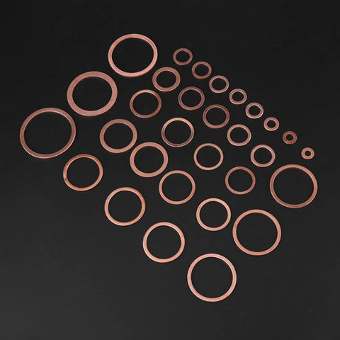 Badass 570 Pieces Copper Washers Assortment Kit Includes Flat Sealing Gaskets For Heavy Plumbing Mechanical Work High Electrical Conductivity Secure Plastic Storage Box Perfect For Trucks Cars Generators Marine Engines And DIY Repair Projects Today. copper washers set in assorted sizes on black background