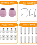 24 Pcs AG60 SG55 WSD 60P Car Plasma Cutter Consumables Kit showing shield cups, wire guides, nozzles, and electrodes.