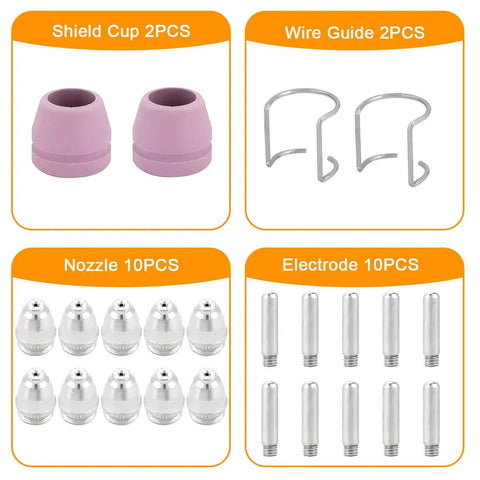 24 Pcs AG60 SG55 WSD 60P Car Plasma Cutter Consumables Kit showing shield cups, wire guides, nozzles, and electrodes.