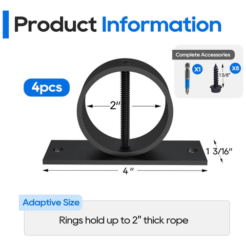 Four Pack 2 Inch Rope Support Holders With Cross Screw Rings Stainless Steel Drop Ring Brackets product information
