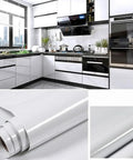 Shiny White Glossy Self Adhesive Removable Wallpaper 15.8 by 78.7 Inches Waterproof Vinyl in a modern kitchen setting